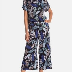 MELLODAY Blue and Black Cropped Jumpsuit with Belted Waist